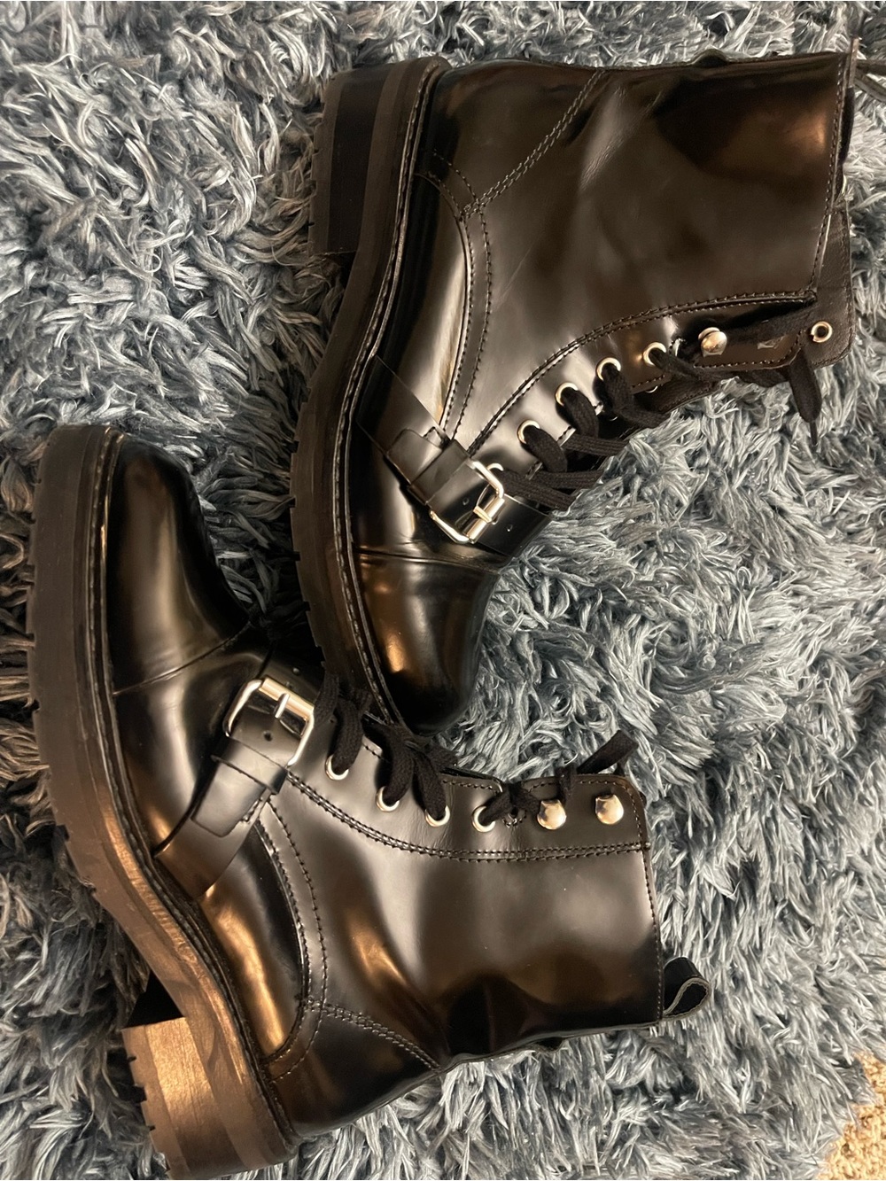 AllSaints Black Leather Lug Sole Combat Boot with Buckle Detail
